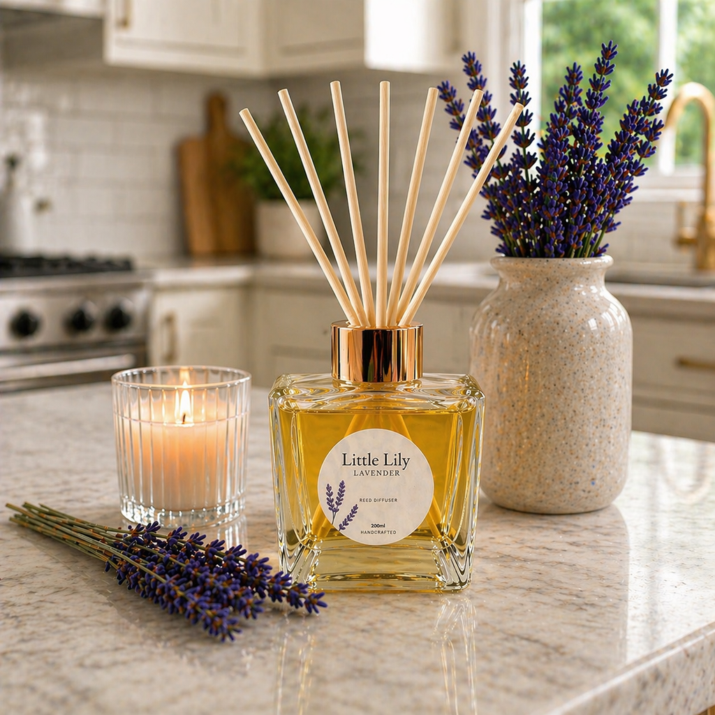 A diffuser with lavender sticks, a lit candle, and a vase of lavender on a kitchen counter.